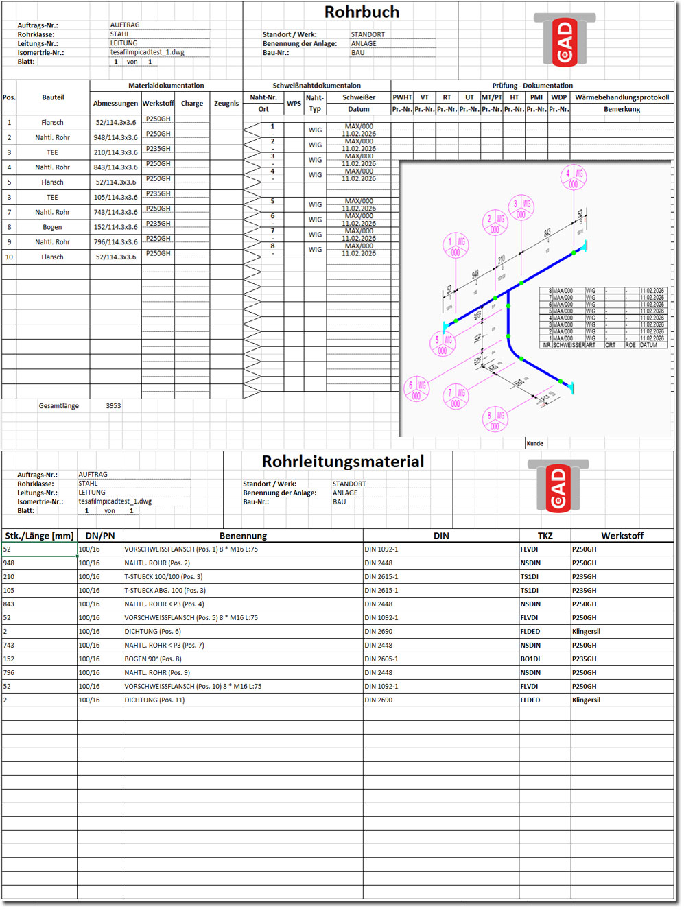 PiCAD - Schweissnaht-Dokumentation/Rohrbuch/Materialliste